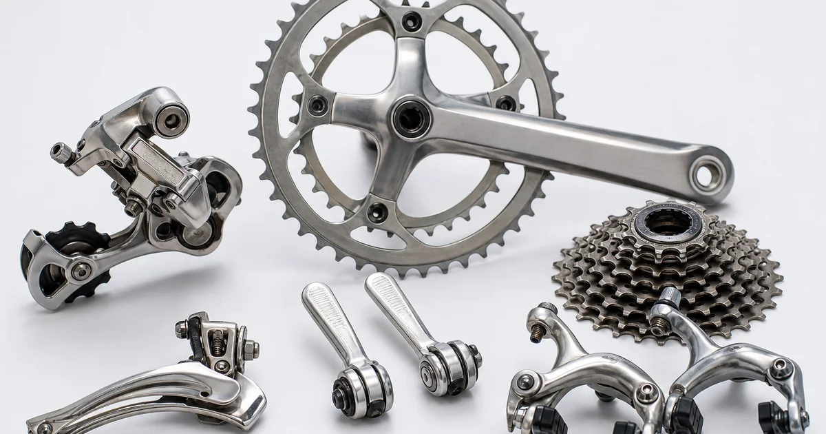 Хронология за 1970–1989: карточки релизов Dura-Ace, Deore XT M700, 105, SIS 7400 и Hyperglide с годом, категорией (шоссе, MTB) и списком …