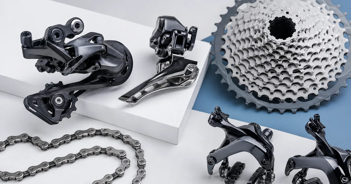 Премиальные велосипедные компоненты Shimano: переключатели, кассета, цепь и тормозные калиперы в стилистике каталога на светлом фоне